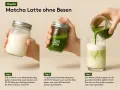 Schritte zur Zubereitung eines eis matcha latte: Milch schaumig schütteln, Matcha-Shot zubereiten und beides in einem Glas vereinen.