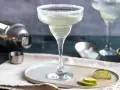 Ein perfekt zubereitetes Margarita-Rezept: Ein Glas mit Salzrand, daneben Limettenspalten, Eiswürfel und ein Shaker.