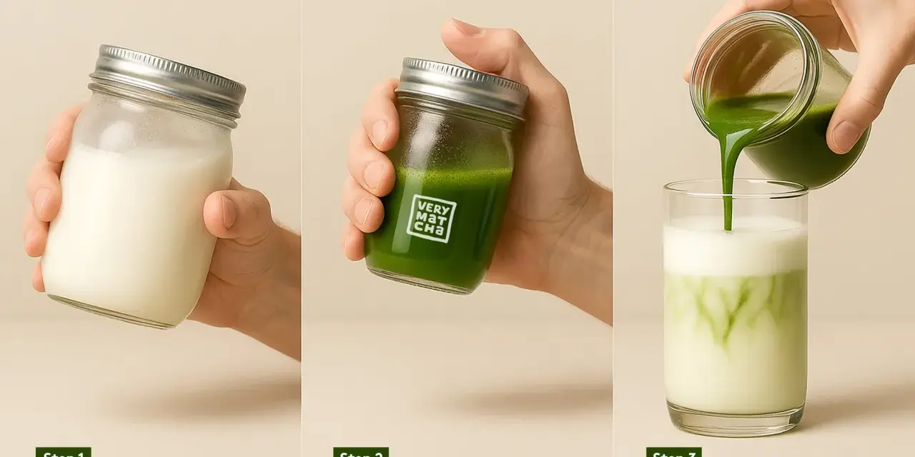 Schritte zur Zubereitung eines eis matcha latte: Milch schaumig schütteln, Matcha-Shot zubereiten und beides in einem Glas vereinen.