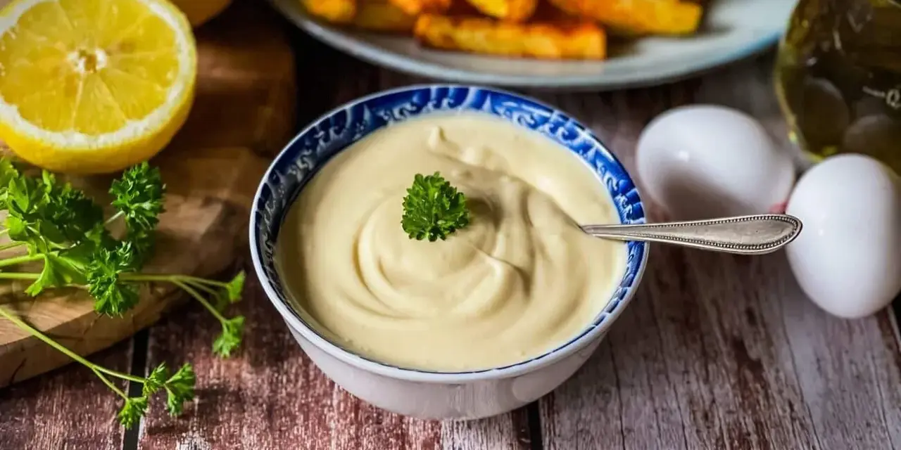 Cremige Mayonnaise, perfekt für Ihr nächstes mayonnaise rezept. Mit frischen Zutaten wie Zitrone und Petersilie.