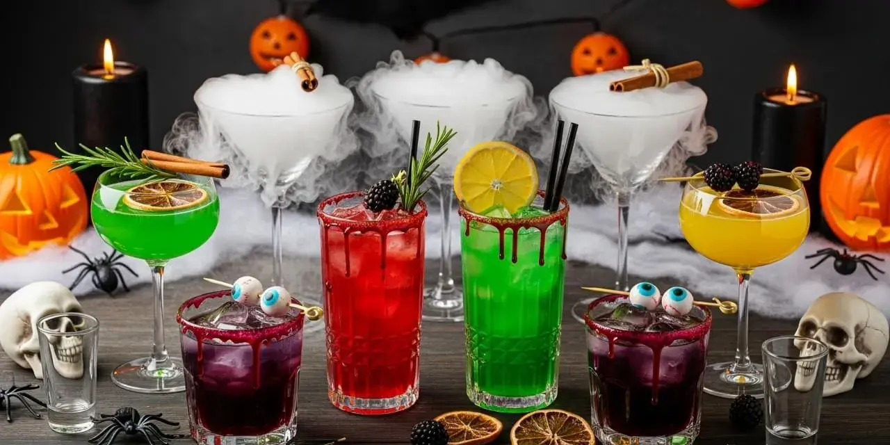 Gruselige Halloween Cocktails mit Alkohol: grüne, rote und gelbe Drinks, garniert mit Beeren und Zitronen. Nebel und Spinnen sorgen für Gruselstimmung.
