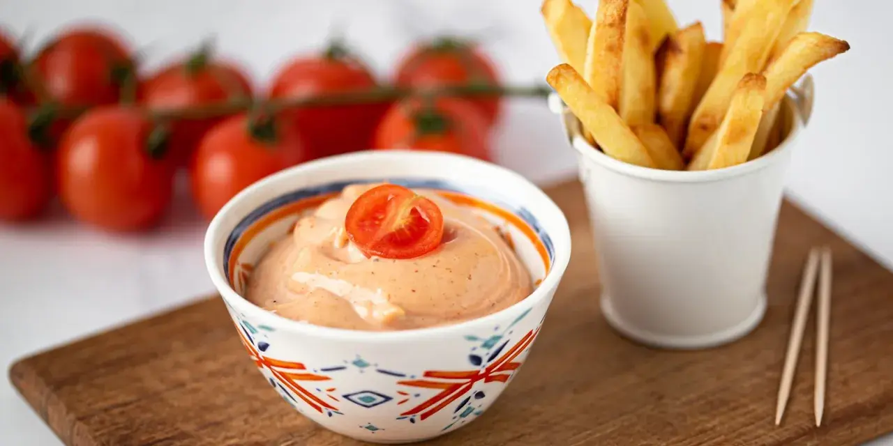 Sriracha Mayo selber machen: cremige Sauce mit Kirschtomaten und Pommes Frites.