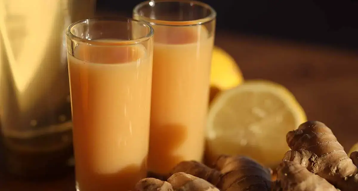 Zwei Gläser mit einem leuchtend orangen Ingwer Shot stehen neben frischem Ingwer und Zitronenscheiben.