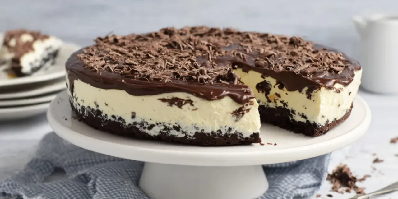 Eine köstliche Bananensplit Torte ohne Backen, mit Schokoladenüberzug und Schokostreuseln. Ein Stück ist bereits angeschnitten.