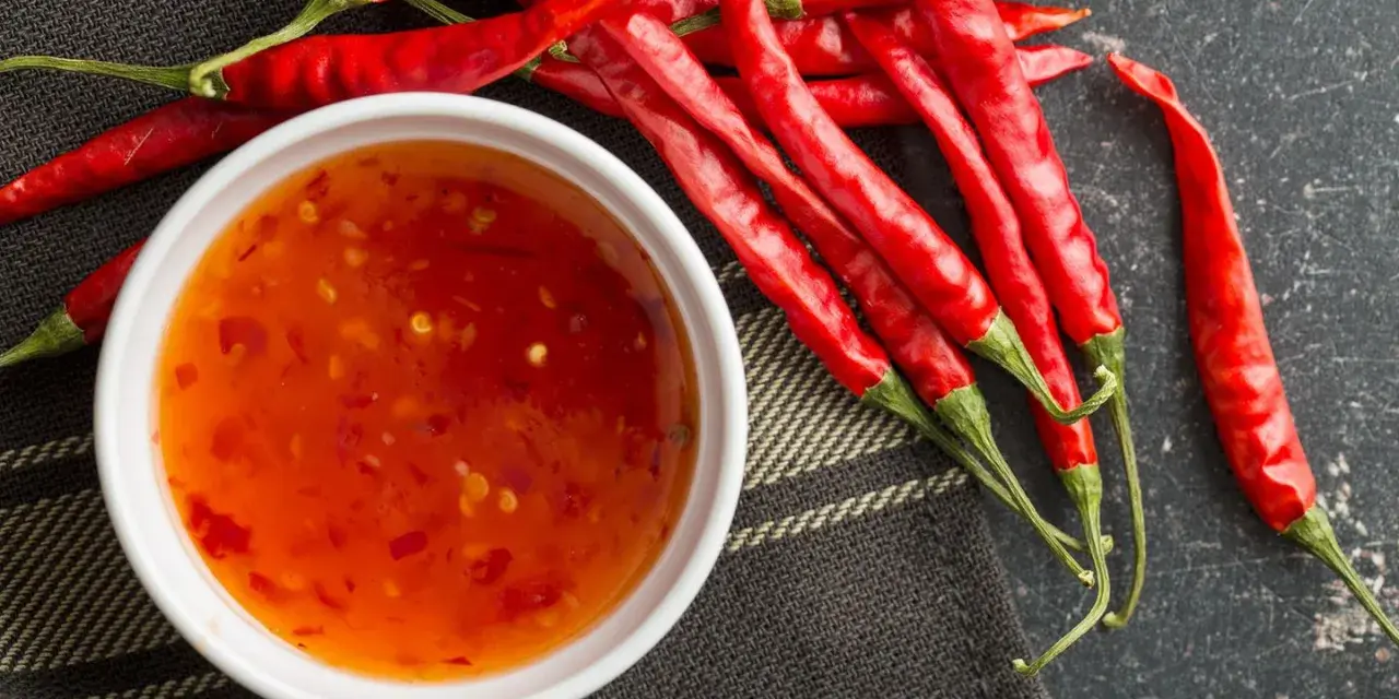 Frische rote Chilis neben einer Schüssel mit selbstgemachter Chili-Sauce. Perfekt zum Chili Sauce selber machen!