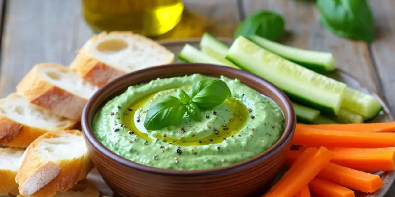Grüne Dips zum Grillen mit Brot, Karotten- und Gurkensticks.