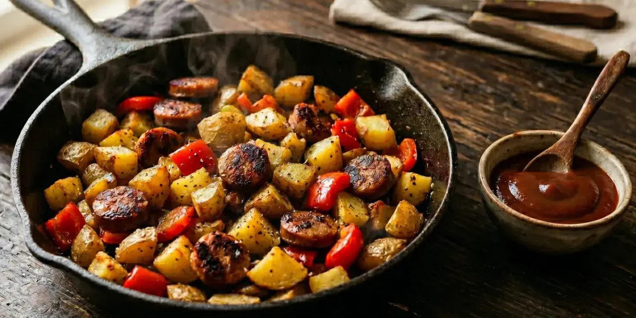 Heiß dampfende Bratwurst Kartoffel Pfanne mit Paprika, serviert in einer Gusseisenpfanne mit einer kleinen Schale Sauce.