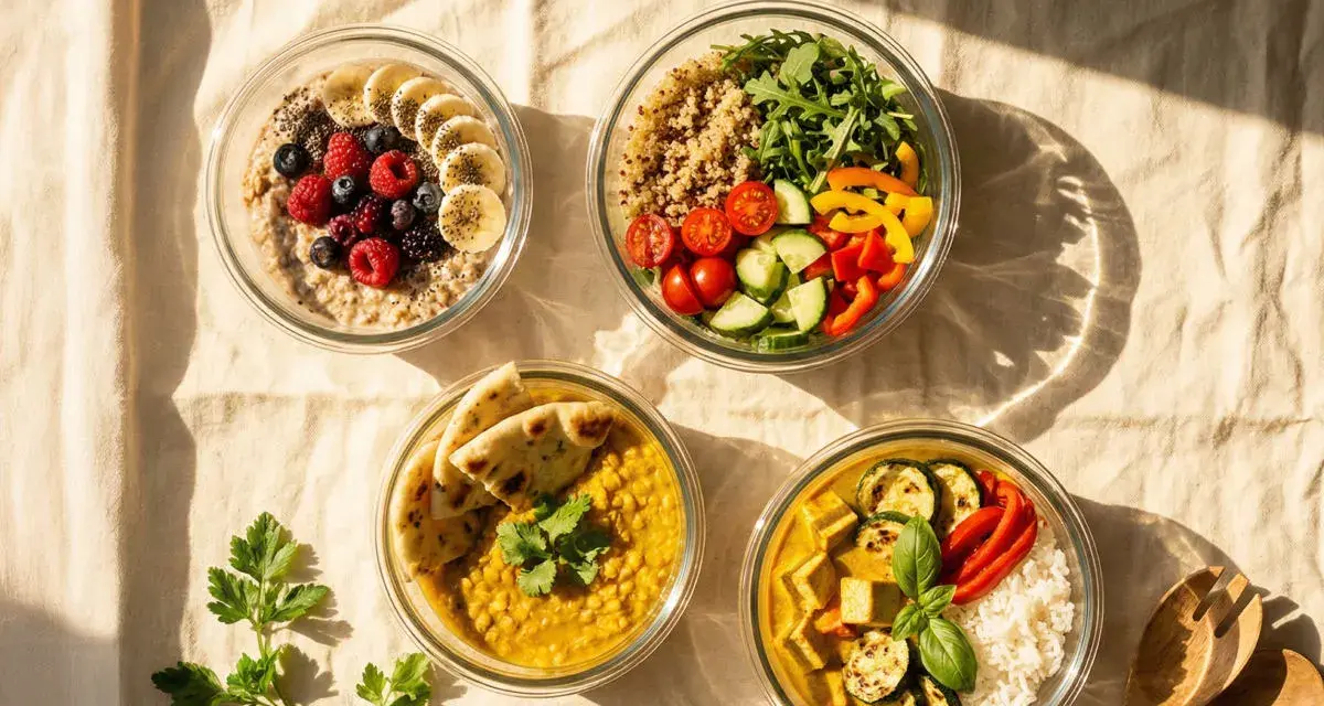Vier Schüsseln mit gesunden, vorbereiteten Gerichten: Haferflocken mit Früchten, Quinoa-Salat, Linsencurry mit Naan und Curry mit Reis. Perfekt für Meal Prep!