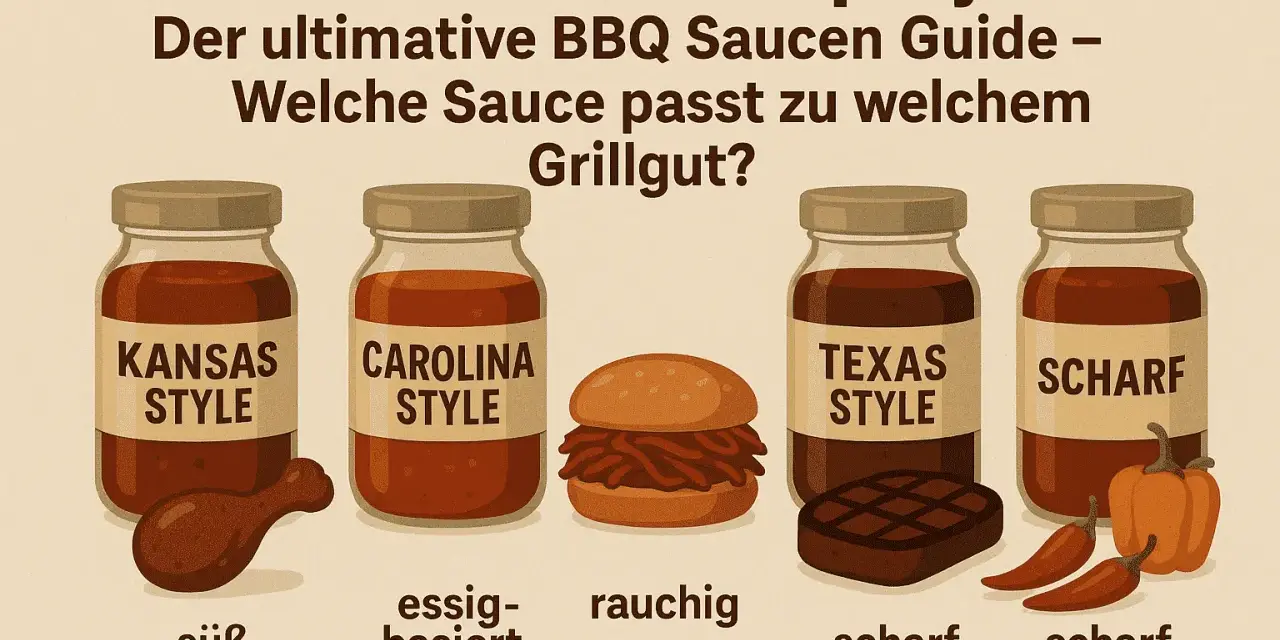 Vier BBQ Saucen: Kansas (süß), Carolina (essigbasiert), Texas (scharf) und eine scharfe Sauce, daneben Grillgut.
