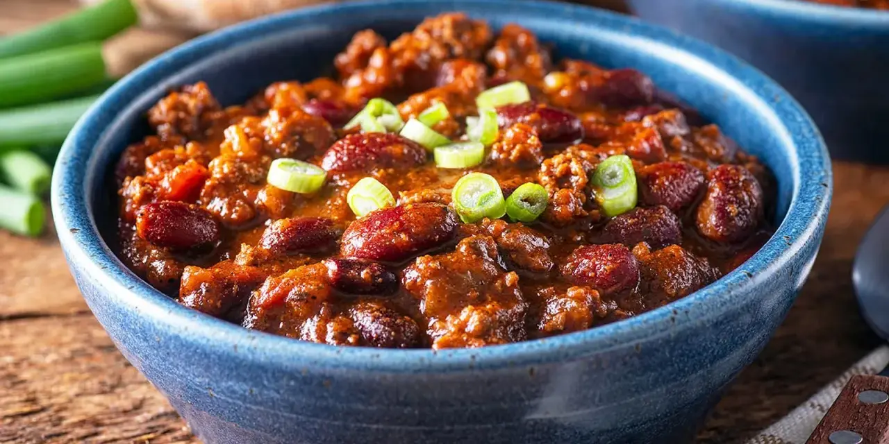 Herzhaftes Chili con Carne nach einem Rezept von Jamie Oliver, garniert mit Frühlingszwiebeln, in einer blauen Schüssel.