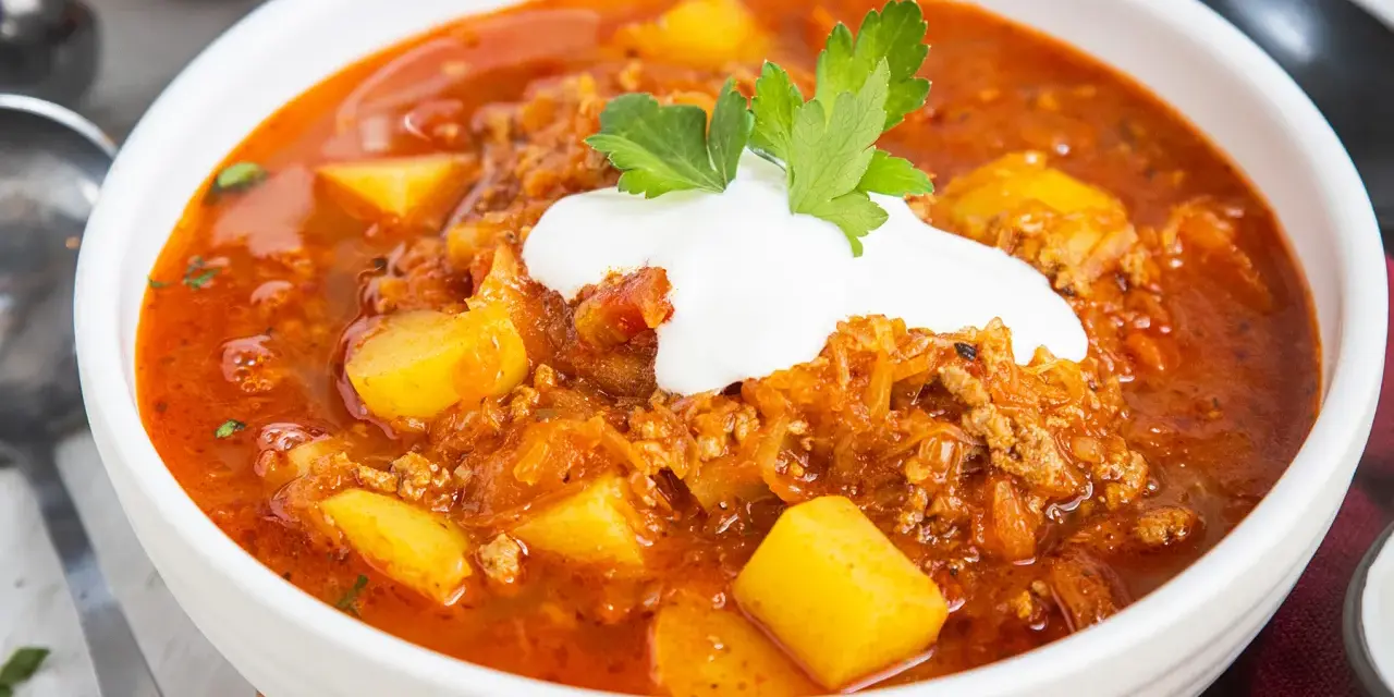 Herzhafte Mitternachtssuppe mit Hackfleisch und Sauerkraut, garniert mit einem Klecks Sauerrahm und Petersilie.