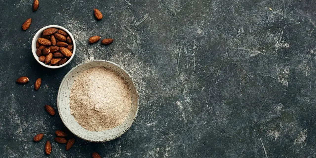 Schüssel mit Mandeln und Schüssel mit frisch gemahlenem Mandelmehl, perfekt zum Mandelmehl selber machen.