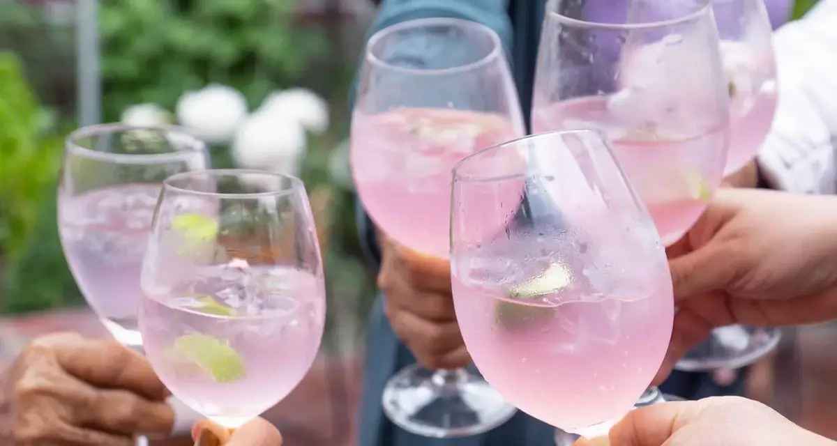 Freunde stoßen mit erfrischenden Sarti Spritz an. Rosa Drinks mit Limette und Eis in Gläsern.