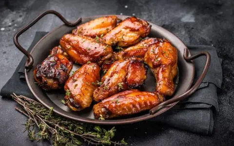Saftige Hähnchenflügel in einer glänzenden Marinade, garniert mit frischem Thymian, serviert auf einer dunklen Platte.