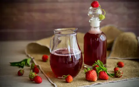 Frischer Erdbeersirup in Karaffe und Flasche, umgeben von reifen Erdbeeren. Perfekt, um Erdbeersirup selber machen.