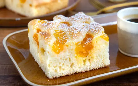 Ein Stück saftiger Buttermilchkuchen mit Mandarinen, bestäubt mit Puderzucker, auf einem braunen Teller neben einer Tasse Kaffee.