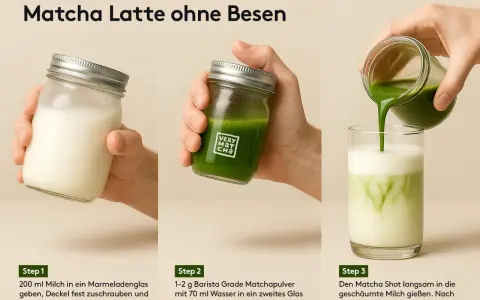 Schritte zur Zubereitung eines eis matcha latte: Milch schaumig schütteln, Matcha-Shot zubereiten und beides in einem Glas vereinen.