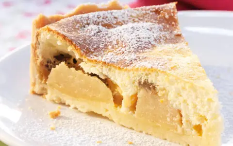Ein Stück saftiger Apfelkuchen mit Quark, bestäubt mit Puderzucker, auf einem weißen Teller.