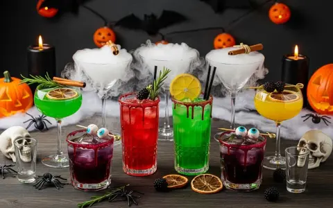 Gruselige Halloween Cocktails mit Alkohol: grüne, rote und gelbe Drinks, garniert mit Beeren und Zitronen. Nebel und Spinnen sorgen für Gruselstimmung.