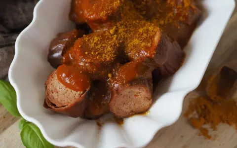 Leckere Currywurst mit einer würzigen Sauce, die an das originale Rezept erinnert. Perfekt für einen herzhaften Snack.