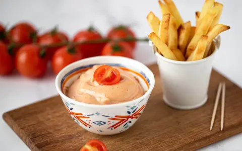 Sriracha Mayo selber machen: cremige Sauce mit Kirschtomaten und Pommes Frites.