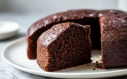 Saftiger Schokoladenkuchen, frisch aus dem Airfryer, auf einer weißen Platte. Ein Stück ist bereits angeschnitten.