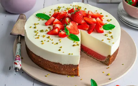 Erdbeer Joghurt Torte mit frischen Erdbeeren und Pistazien garniert. Ein Stück ist angeschnitten und zeigt die cremige Schicht.