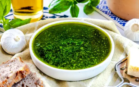 Frisches, grünes Pesto ohne Pinienkerne in einer Schüssel, daneben Knoblauch, Brot und Parmesan.