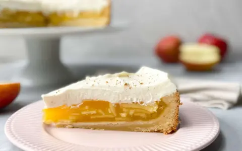 Ein Stück Apfel Schmand Torte auf einem rosa Teller, mit einer Schicht Apfelmus und Sahnehaube, garniert mit Zimt.