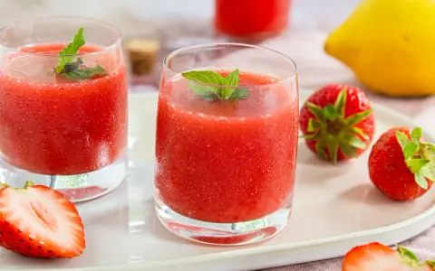 Erfrischende Erdbeer-Limetten-Drinks mit Minze, garniert mit frischen Erdbeeren und einer Zitrone. Perfekt für heiße Tage!