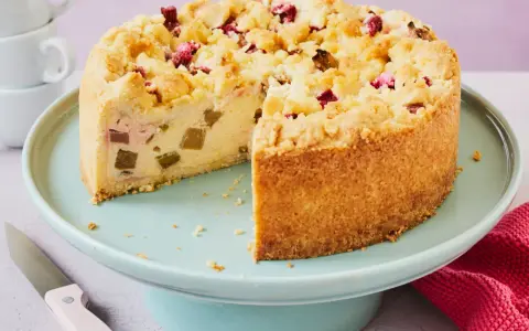 Rhabarberkuchen rezept mit pudding: Ein saftiger Kuchen mit Rhabarberstückchen und Streuseln auf einem cremigen Puddingboden.