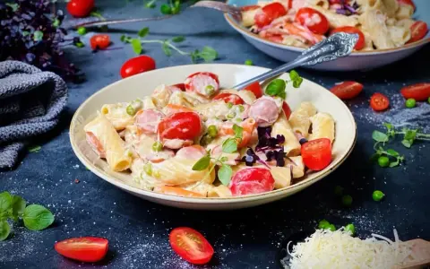 Cremige One Pot Pasta mit Würstchen, Erbsen und Kirschtomaten, garniert mit frischen Kräutern und geriebenem Käse.