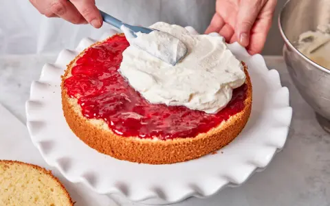Eine Hand verteilt Sahne auf einer Marmeladenschicht eines Victoria Sponge Cake.