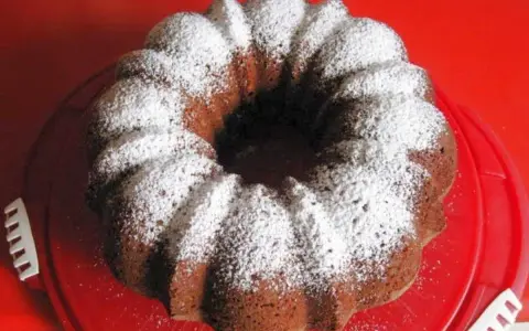 Omas Nusskuchen Gugelhupf, mit Puderzucker bestäubt, auf einem roten Teller.