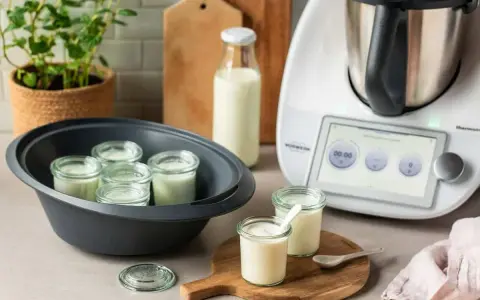 Kleine Gläser mit Joghurt in einem Dampfgarer, bereit, trinkjoghurt selber machen. Daneben ein Thermomix und Milchflasche.