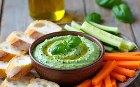 Grüne Dips zum Grillen mit Brot, Karotten- und Gurkensticks.