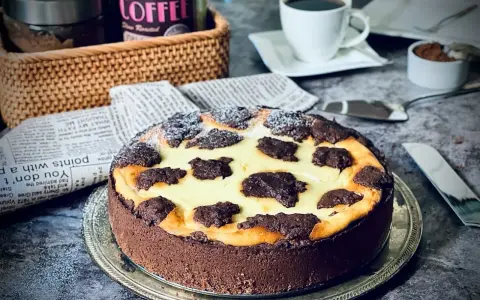 Ein köstlicher russischer Zupfkuchen mit Schokoladenboden und cremiger Füllung, bestäubt mit Puderzucker. Daneben eine Tasse Kaffee.