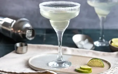 Ein perfekt zubereitetes Margarita-Rezept: Ein Glas mit Salzrand, daneben Limettenspalten, Eiswürfel und ein Shaker.