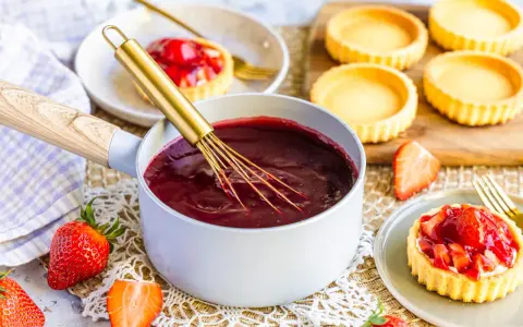 Frisch zubereiteter roter Tortenguss in einem Topf, bereit, um kleine Törtchen zu verfeinern. So einfach ist tortenguss selber machen!