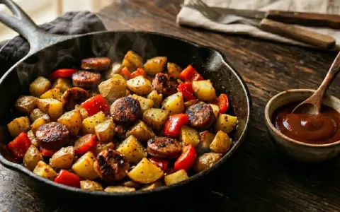 Heiß dampfende Bratwurst Kartoffel Pfanne mit Paprika, serviert in einer Gusseisenpfanne mit einer kleinen Schale Sauce.