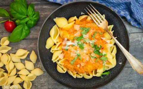 Schalen-Nudeln mit cremiger Tomaten-Sahne-Sauce, garniert mit Basilikum und Parmesan. Ein köstliches Gericht, das zum Genießen einlädt.