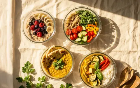 Vier Schüsseln mit gesunden, vorbereiteten Gerichten: Haferflocken mit Früchten, Quinoa-Salat, Linsencurry mit Naan und Curry mit Reis. Perfekt für Meal Prep!