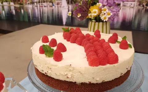 Himbeer Mascarpone Torte mit frischen Himbeeren und Minze verziert, ein Genuss für Augen und Gaumen.