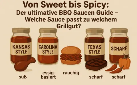 Vier BBQ Saucen: Kansas (süß), Carolina (essigbasiert), Texas (scharf) und eine scharfe Sauce, daneben Grillgut.