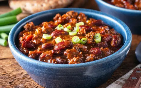 Herzhaftes Chili con Carne nach einem Rezept von Jamie Oliver, garniert mit Frühlingszwiebeln, in einer blauen Schüssel.