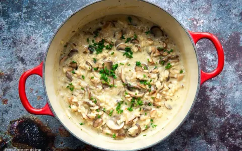 Cremiges Pilzrisotto in rotem Topf, garniert mit Schnittlauch.