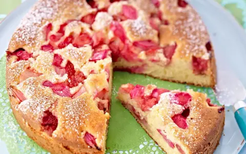Ein saftiger Erdbeer Rhabarber Kuchen, bestäubt mit Puderzucker, wird auf einem Teller präsentiert. Ein Stück ist bereits herausgeschnitten.