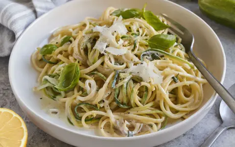 Zucchini-Zitronen-Pasta mit Basilikum und Parmesan, ein leichtes und frisches Gericht.