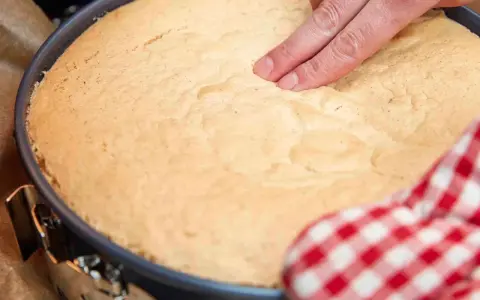Ein Finger prüft die Elastizität eines frisch gebackenen Wiener Bodens. Das perfekte Wiener Boden Rezept gelingt so!