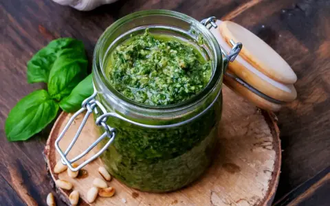 Frisches Basilikum Pesto in einem Glas, umgeben von Pinienkernen und Basilikumblättern.